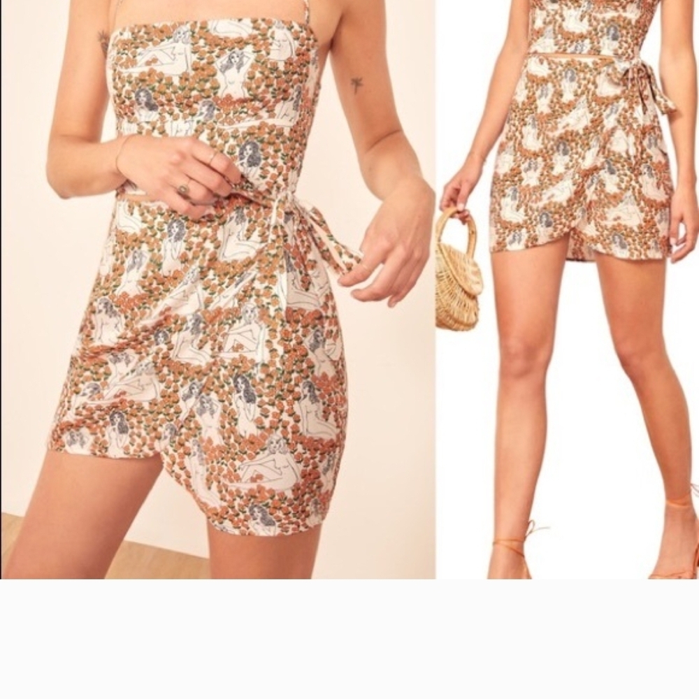 Reformation Strapless Floral Wrap Mini Dress in Cream and Brown Size 2